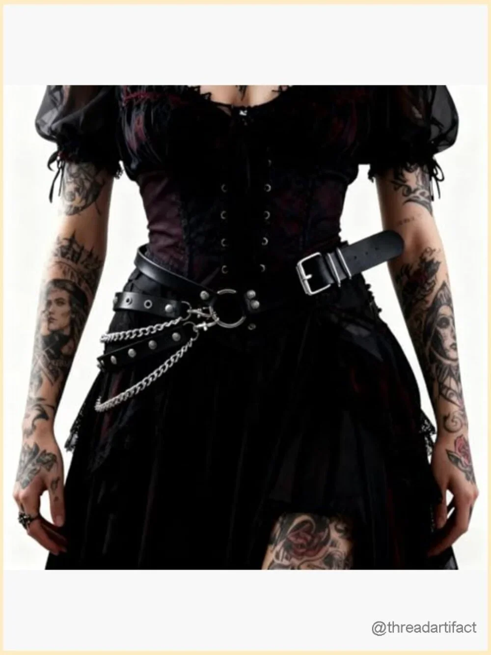 PU Leather Layered Chain Belt for Women, Adjustable Gothic Punk Waist Belt with